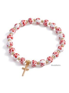 Floral Bead Cross Charm Stretch Bracelet for Women Christian Gift